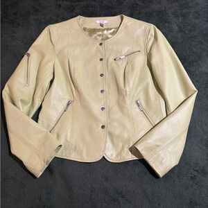 Cache Size 8 Leather Moto Jacket Lime Green Snap Up Coat $298 perfect for spring